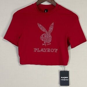 Playboy x Missguided Red Rhinestone Bunny Crop Top Y2K NWT Medium Sexy